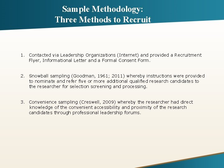 Sample Methodology: Three Methods to Recruit 1. Contacted via Leadership Organizations (Internet) and provided