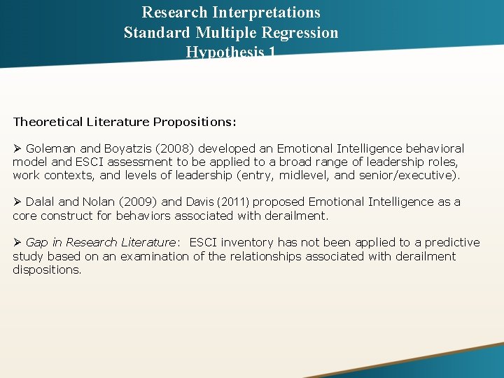 Research Interpretations Standard Multiple Regression Hypothesis 1 Theoretical Literature Propositions: Ø Goleman and Boyatzis