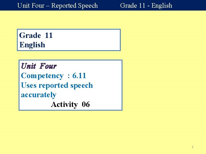 Unit Four – Reported Speech Grade 11 - English Grade 11 English Unit Four