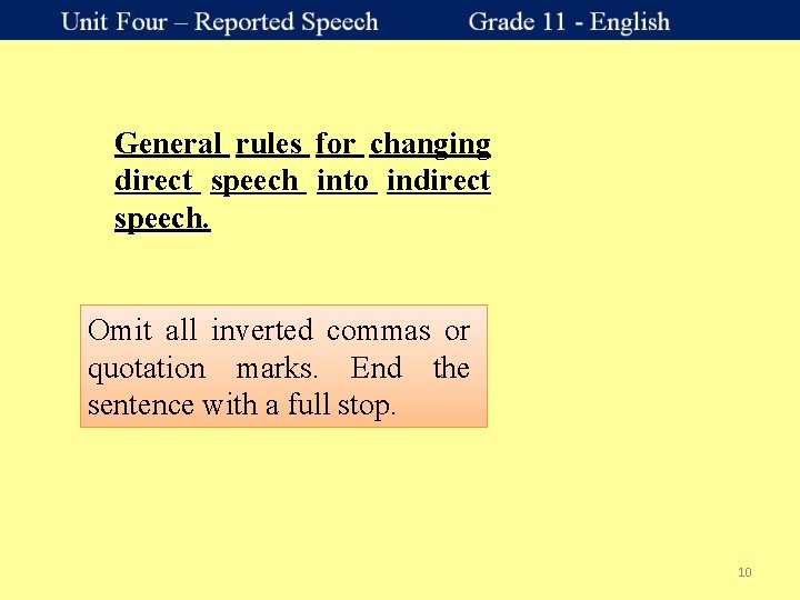General rules for changing direct speech into indirect speech. Omit all inverted commas or