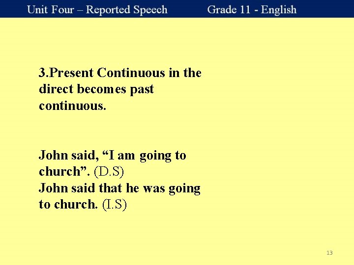 3. Present Continuous in the direct becomes past continuous. John said, “I am going
