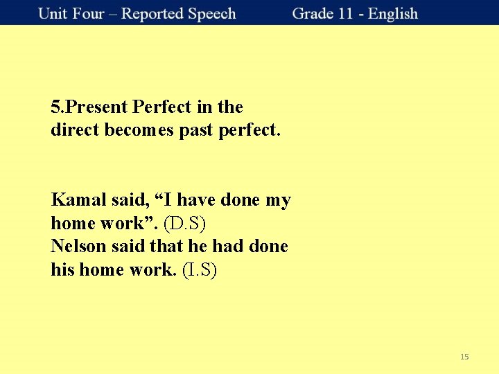 5. Present Perfect in the direct becomes past perfect. Kamal said, “I have done