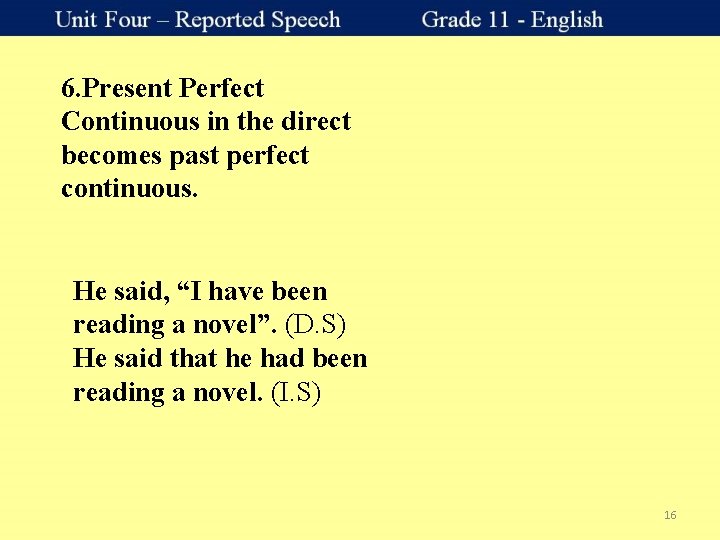6. Present Perfect Continuous in the direct becomes past perfect continuous. He said, “I