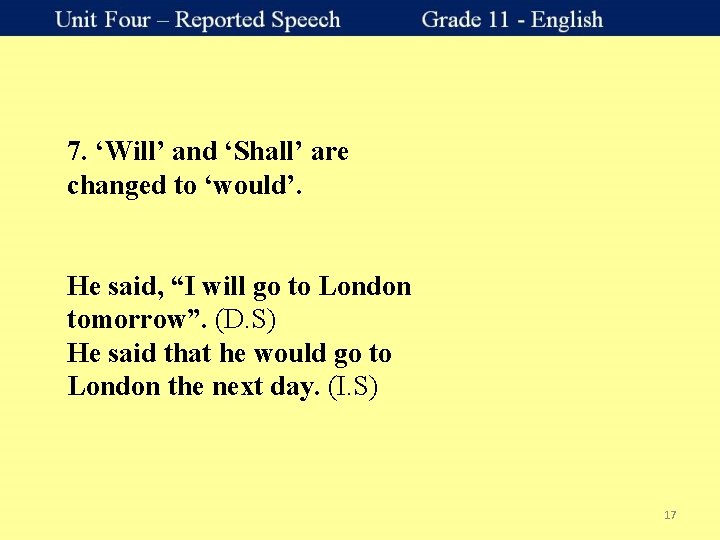 7. ‘Will’ and ‘Shall’ are changed to ‘would’. He said, “I will go to