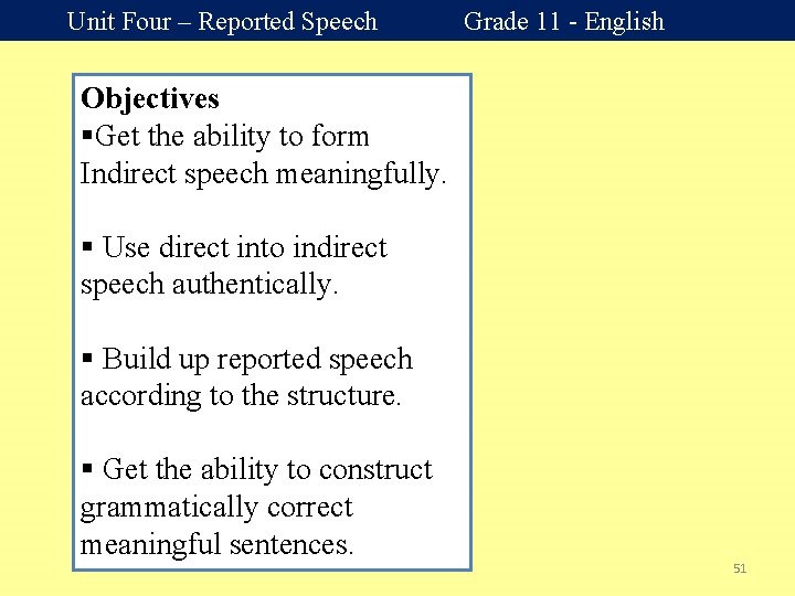 Unit Four – Reported Speech Grade 11 - English Objectives §Get the ability to