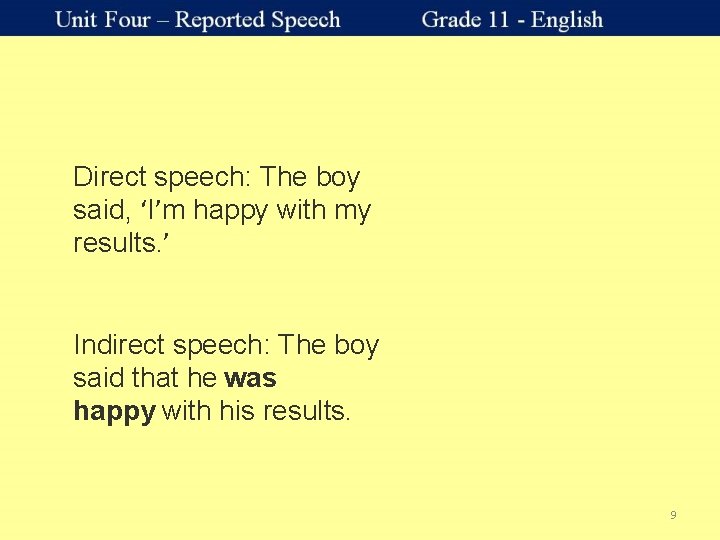 Direct speech: The boy said, ‘I’m happy with my results. ’ Indirect speech: The
