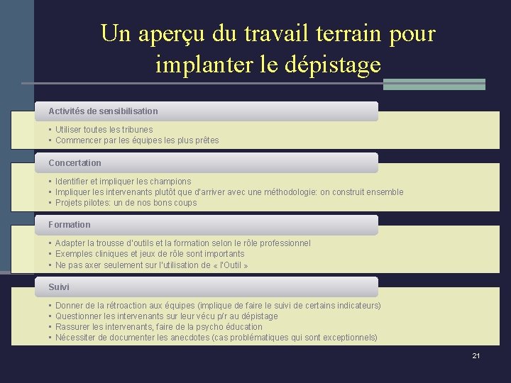 Un aperçu du travail terrain pour implanter le dépistage Activités de sensibilisation • Utiliser