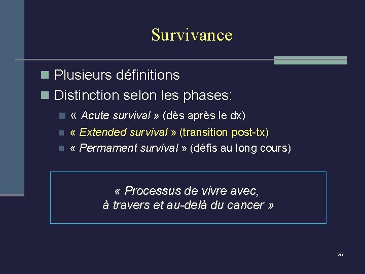 Survivance n Plusieurs définitions n Distinction selon les phases: n « Acute survival »