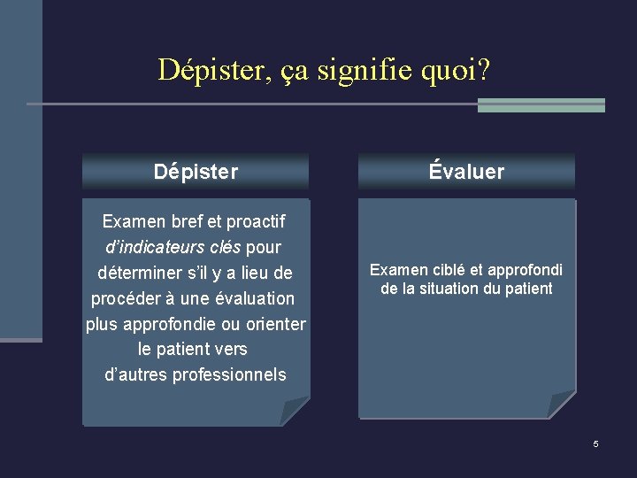 Dépister, ça signifie quoi? Dépister Examen bref et proactif d’indicateurs clés pour déterminer s’il