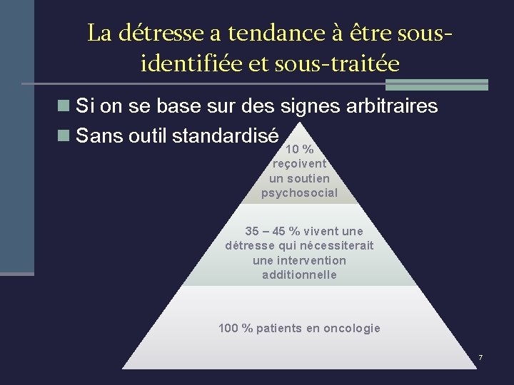 La détresse a tendance à être sousidentifiée et sous-traitée n Si on se base