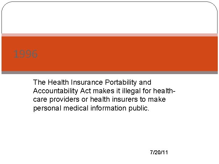 1996 The Health Insurance Portability and Accountability Act makes it illegal for healthcare providers