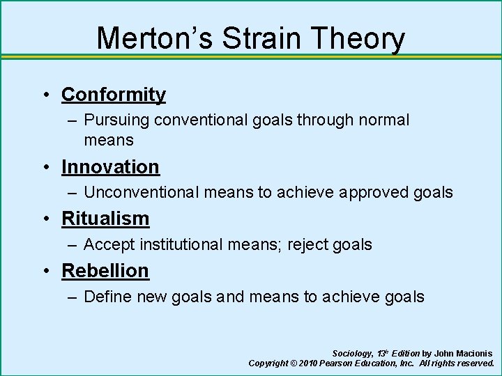 Merton’s Strain Theory • Conformity – Pursuing conventional goals through normal means • Innovation