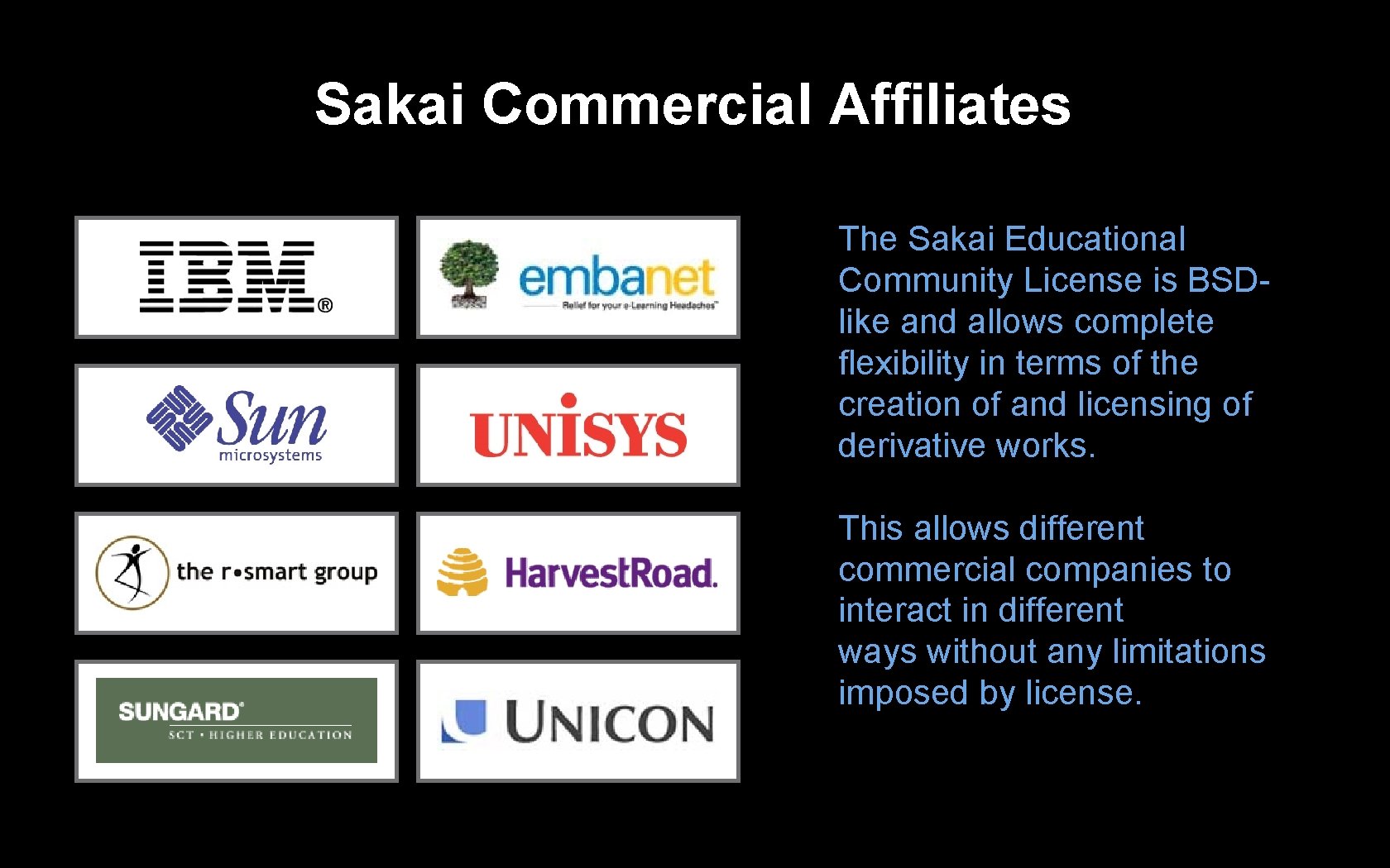 Sakai Commercial Affiliates The Sakai Educational Community License is BSDlike and allows complete flexibility