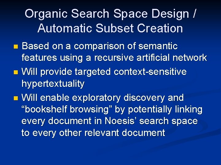 Organic Search Space Design / Automatic Subset Creation Based on a comparison of semantic