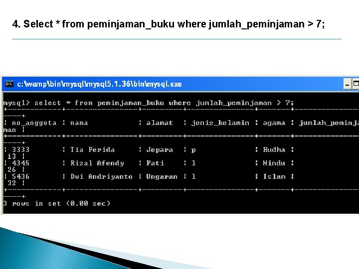 4. Select * from peminjaman_buku where jumlah_peminjaman > 7; 