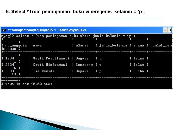 6. Select * from peminjaman_buku where jenis_kelamin = ‘p’; 