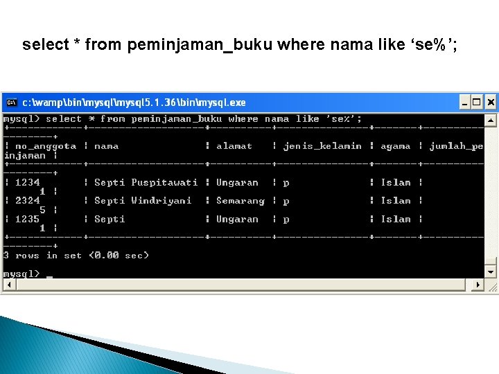 select * from peminjaman_buku where nama like ‘se%’; 