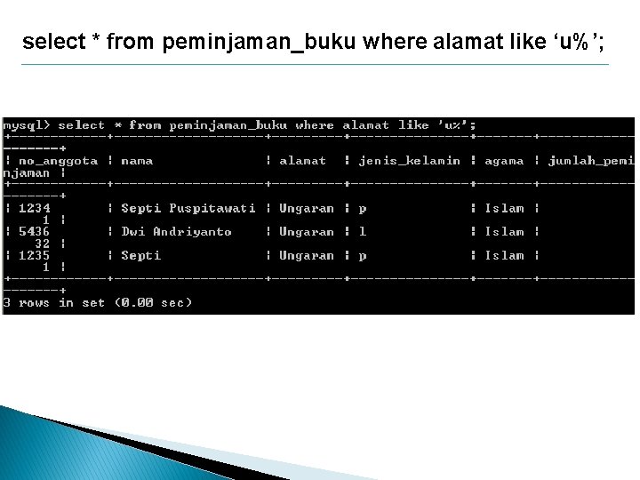 select * from peminjaman_buku where alamat like ‘u%’; 
