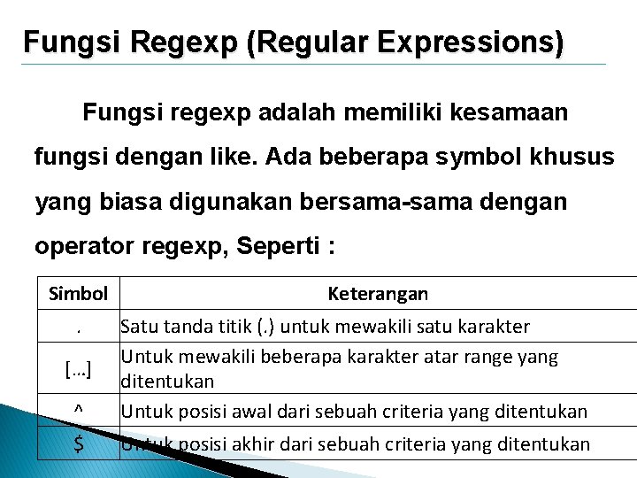 Fungsi Regexp (Regular Expressions) Fungsi regexp adalah memiliki kesamaan fungsi dengan like. Ada beberapa
