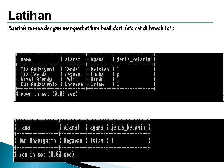 Latihan Buatlah rumus dengan memperhatikan hasil dari data set di bawah ini : 