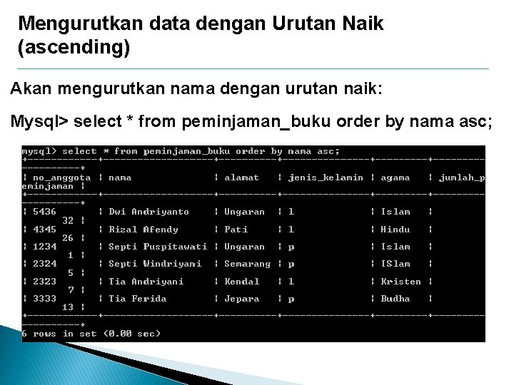 Mengurutkan data dengan Urutan Naik (ascending) Akan mengurutkan nama dengan urutan naik: Mysql> select