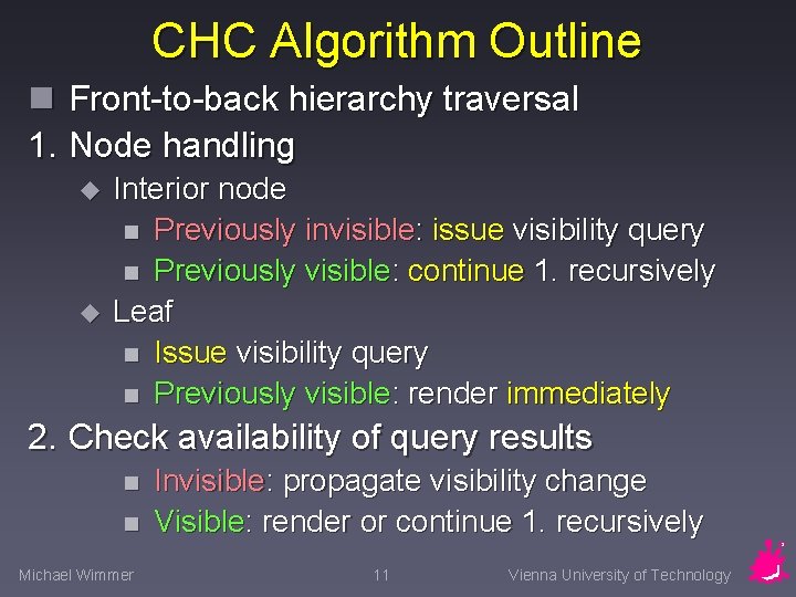 CHC Algorithm Outline n Front-to-back hierarchy traversal 1. Node handling u u Interior node