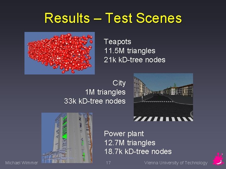 Results – Test Scenes Teapots 11. 5 M triangles 21 k k. D-tree nodes