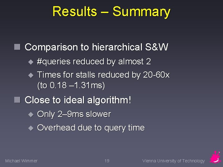 Results – Summary n Comparison to hierarchical S&W u #queries reduced by almost 2