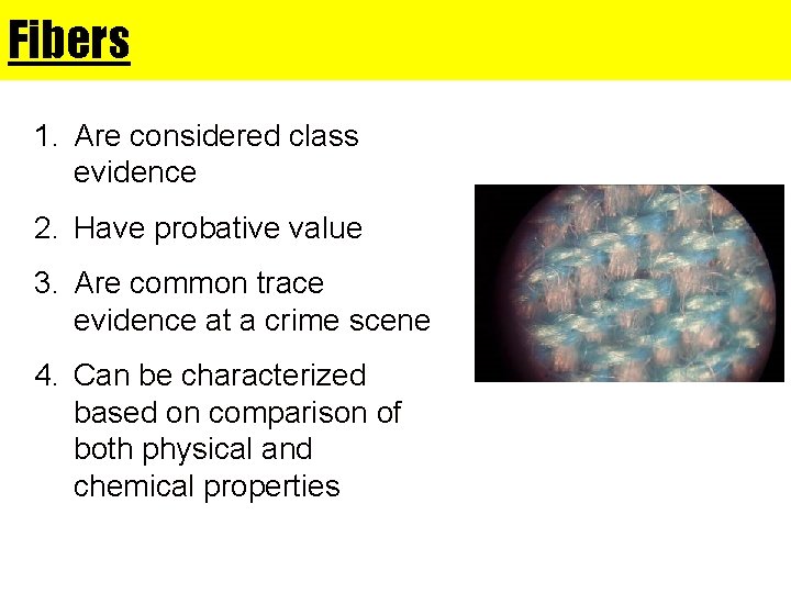 Fibers 1. Are considered class evidence 2. Have probative value 3. Are common trace