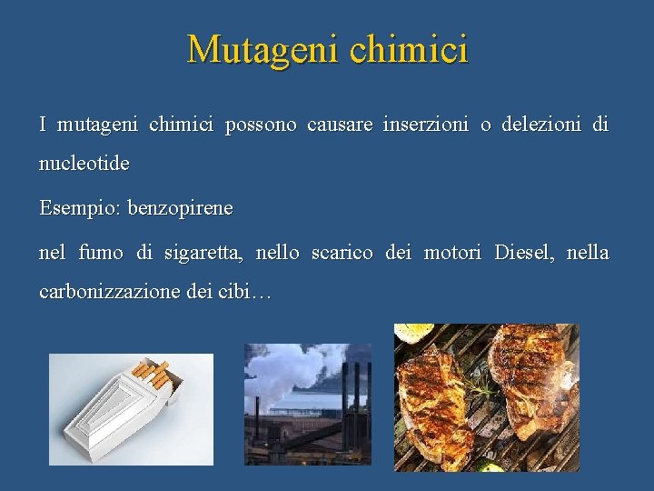 Mutageni chimici I mutageni chimici possono causare inserzioni o delezioni di nucleotide Esempio: benzopirene