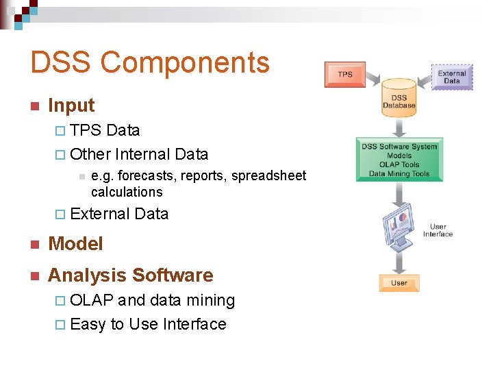 DSS Components n Input ¨ TPS Data ¨ Other Internal Data n e. g.
