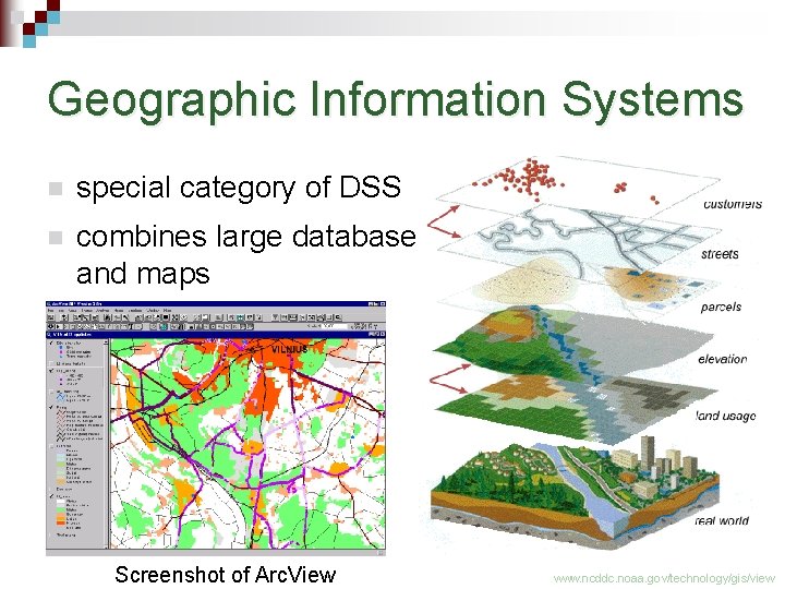 Geographic Information Systems n special category of DSS n combines large databases and maps