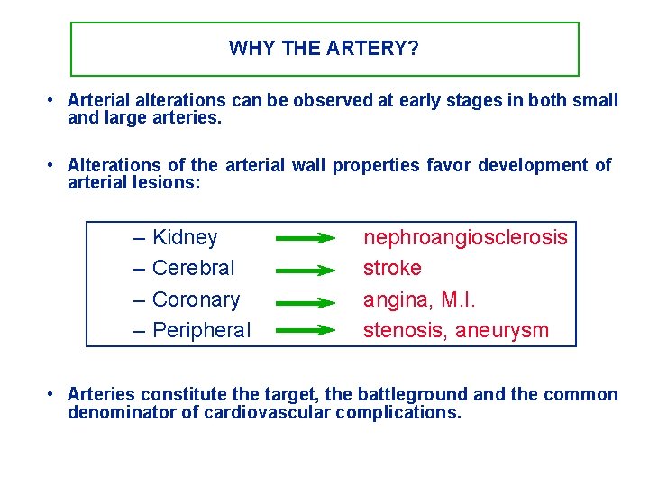 WHY THE ARTERY? • Arterial alterations can be observed at early stages in both