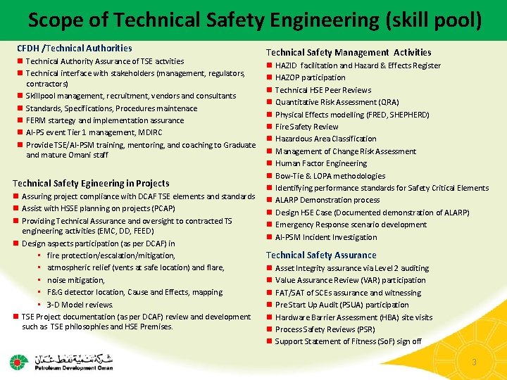 Scope of Technical Safety Engineering (skill pool) CFDH /Technical Authorities Technical Authority Assurance of