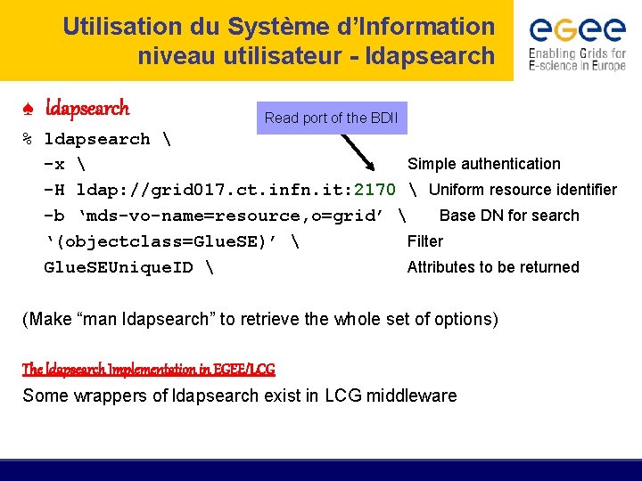 Utilisation du Système d’Information niveau utilisateur - ldapsearch ♠ ldapsearch Read port of the