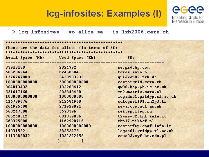 lcg-infosites: Examples (I) > lcg-infosites –-vo alice se –-is lxb 2006. cern. ch ************************
