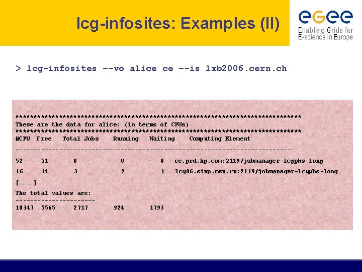 lcg-infosites: Examples (II) > lcg-infosites –-vo alice ce –-is lxb 2006. cern. ch ****************************************