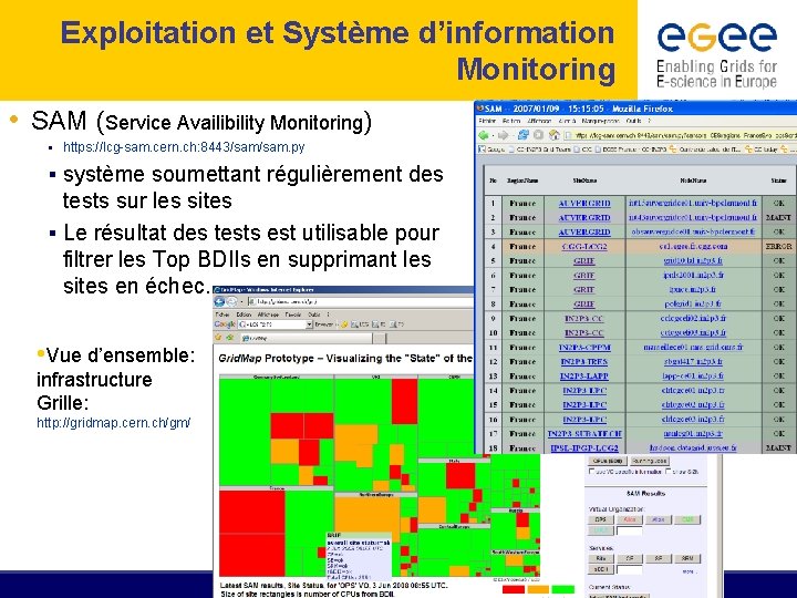 Exploitation et Système d’information Monitoring • SAM (Service Availibility Monitoring) § https: //lcg-sam. cern.