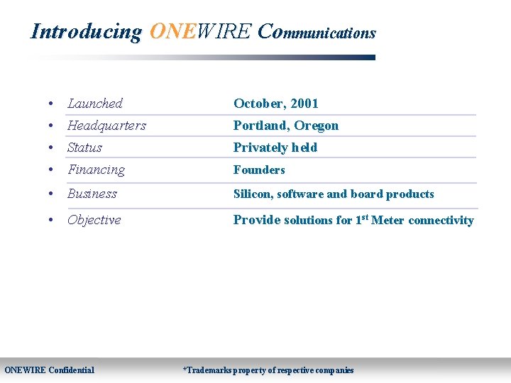 Introducing ONEWIRE Communications • Launched • Headquarters • Status October, 2001 • Financing Founders