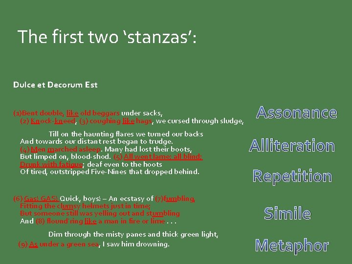 The first two ‘stanzas’: Dulce et Decorum Est (1)Bent double, like old beggars under