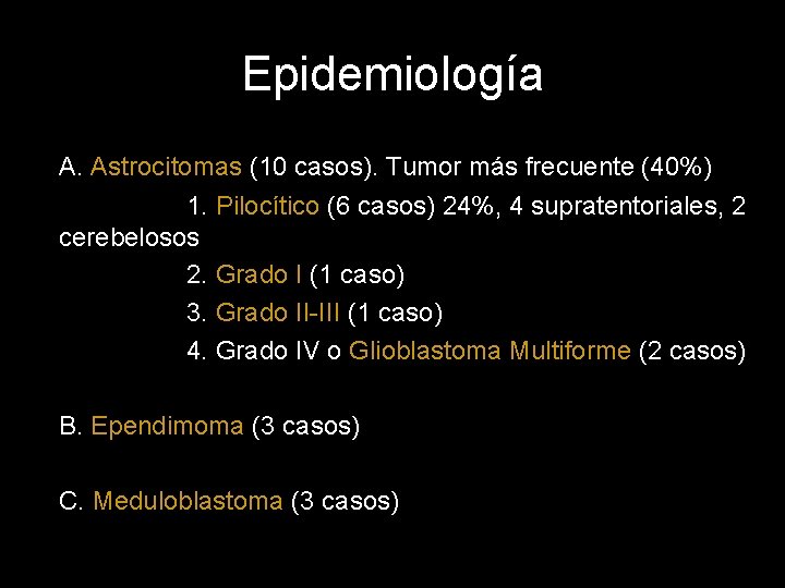 Epidemiología A. Astrocitomas (10 casos). Tumor más frecuente (40%) 1. Pilocítico (6 casos) 24%,