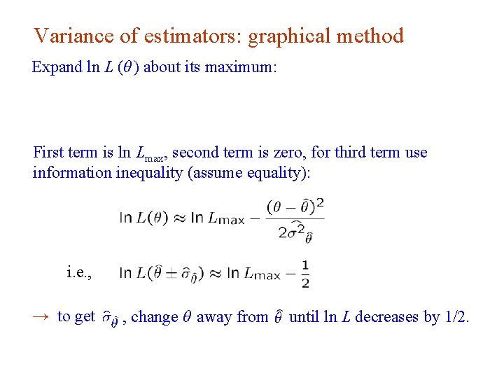 Variance of estimators: graphical method Expand ln L (θ ) about its maximum: First