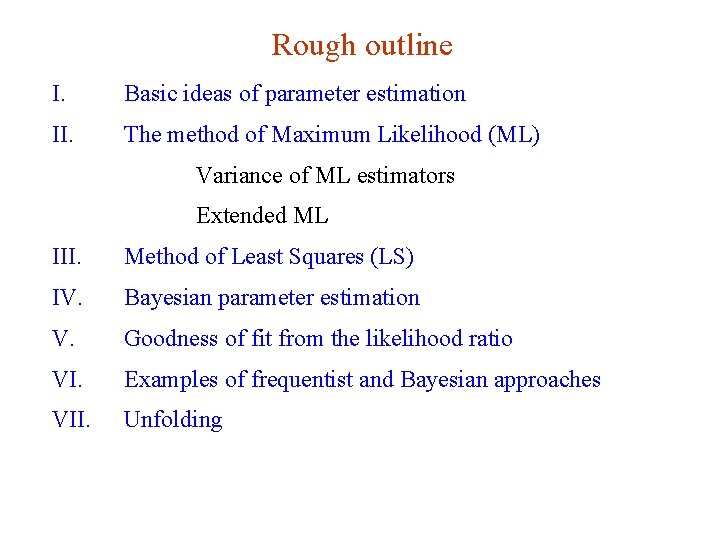 Rough outline I. Basic ideas of parameter estimation II. The method of Maximum Likelihood