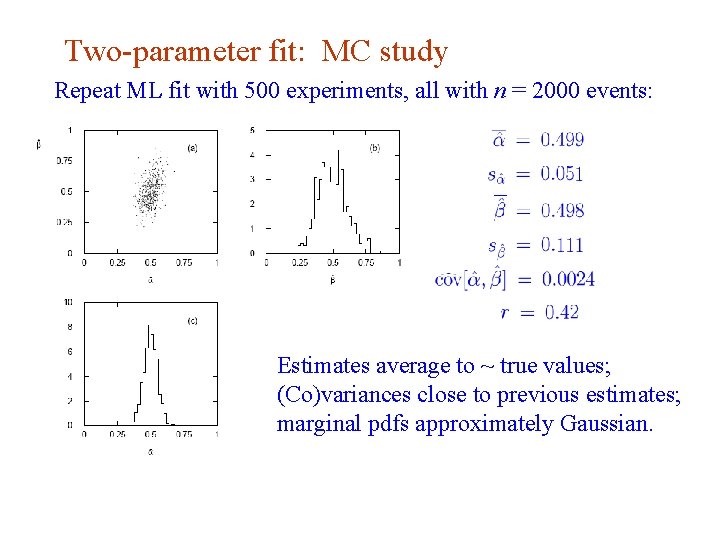 Two-parameter fit: MC study Repeat ML fit with 500 experiments, all with n =