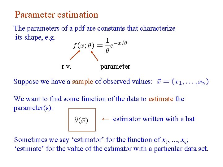 Parameter estimation The parameters of a pdf are constants that characterize its shape, e.