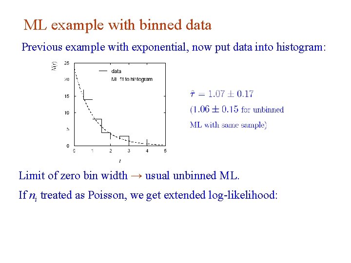 ML example with binned data Previous example with exponential, now put data into histogram: