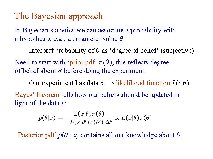 The Bayesian approach In Bayesian statistics we can associate a probability with a hypothesis,