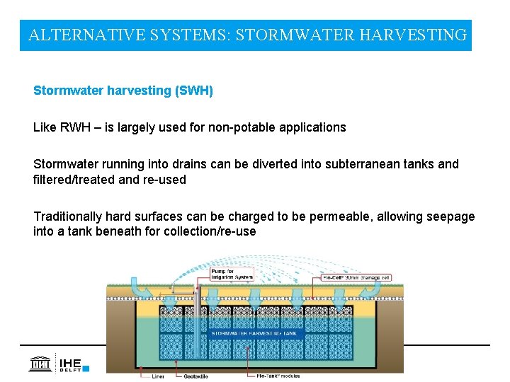 ALTERNATIVE SYSTEMS: STORMWATER HARVESTING Stormwater harvesting (SWH) Like RWH – is largely used for