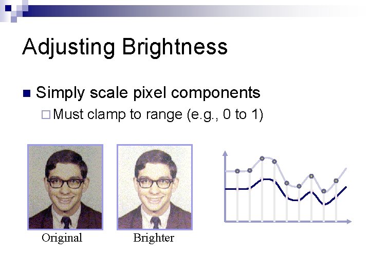 Adjusting Brightness n Simply scale pixel components ¨ Must Original clamp to range (e.