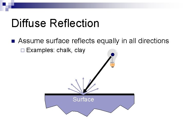 Diffuse Reflection n Assume surface reflects equally in all directions ¨ Examples: chalk, clay